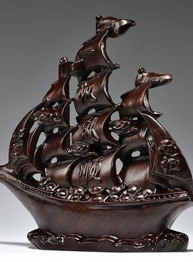 黑檀实木雕一帆风顺帆船摆件公司开业送礼品客厅办公室船模型装饰