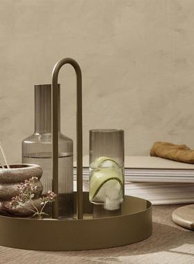 北欧风现代简约金属提手托盘水果盘圆盘餐厅客厅桌面茶几软装饰品