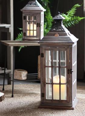 复古木质玻璃风灯铁艺落地烛台防风欧式装饰摆件马灯做旧摄影道具