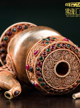 藏村贲巴壶尼泊尔全铜掐丝手工文巴壶净水瓶装饰供具镶宝石奔巴