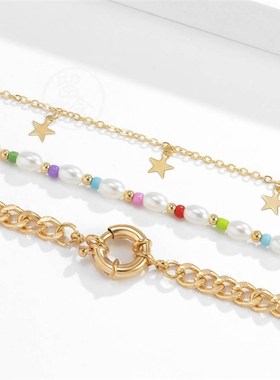 -Simple alloy contrast color set random bead necklace person