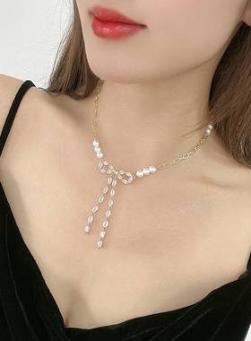 -Kenji ins style design inlaid zirconium bow tassel necklace