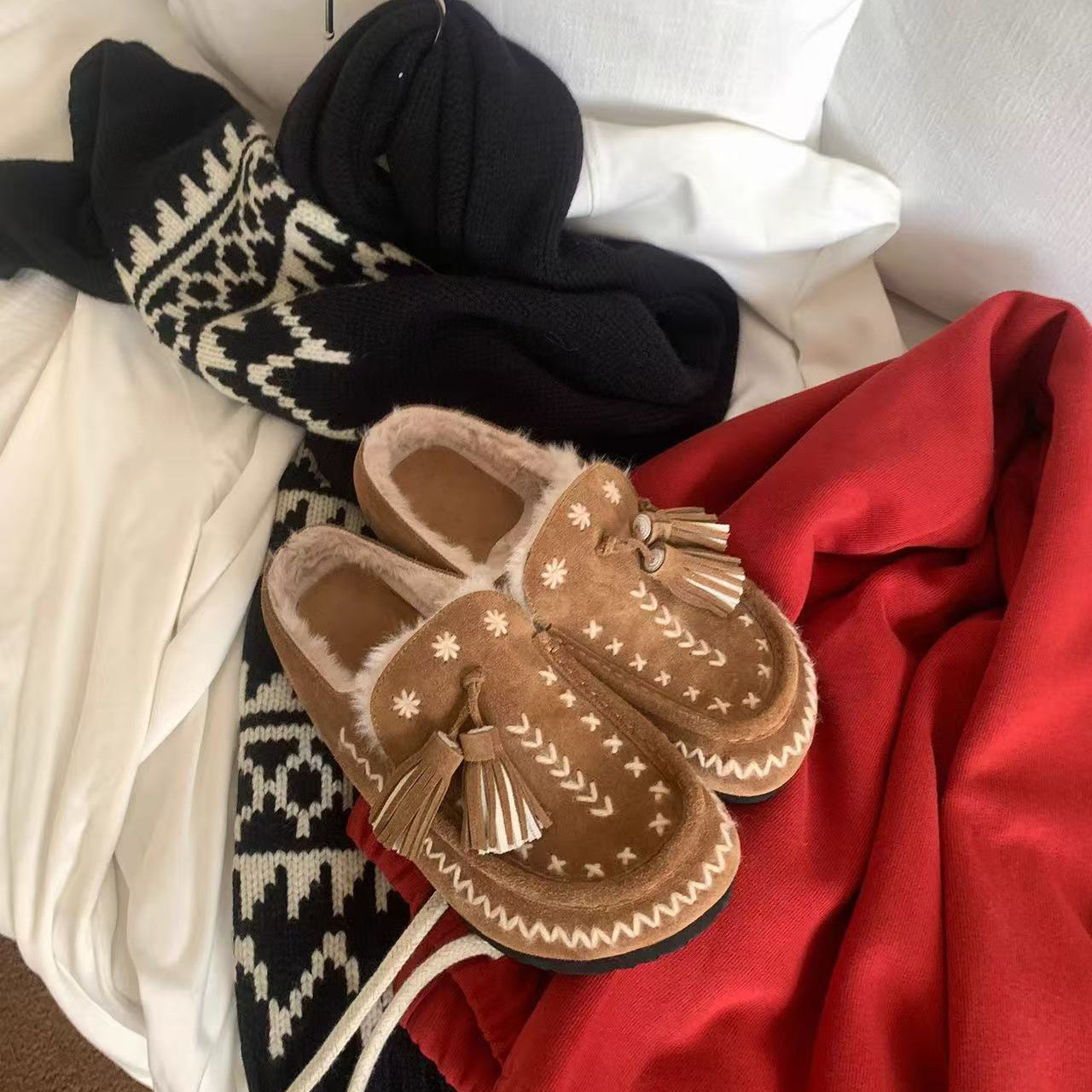 复古加绒流苏豆豆毛毛鞋女冬外穿2025新款保暖一脚蹬包头勃肯拖鞋,淘宝优惠券,粉丝福利购,淘宝优惠卷