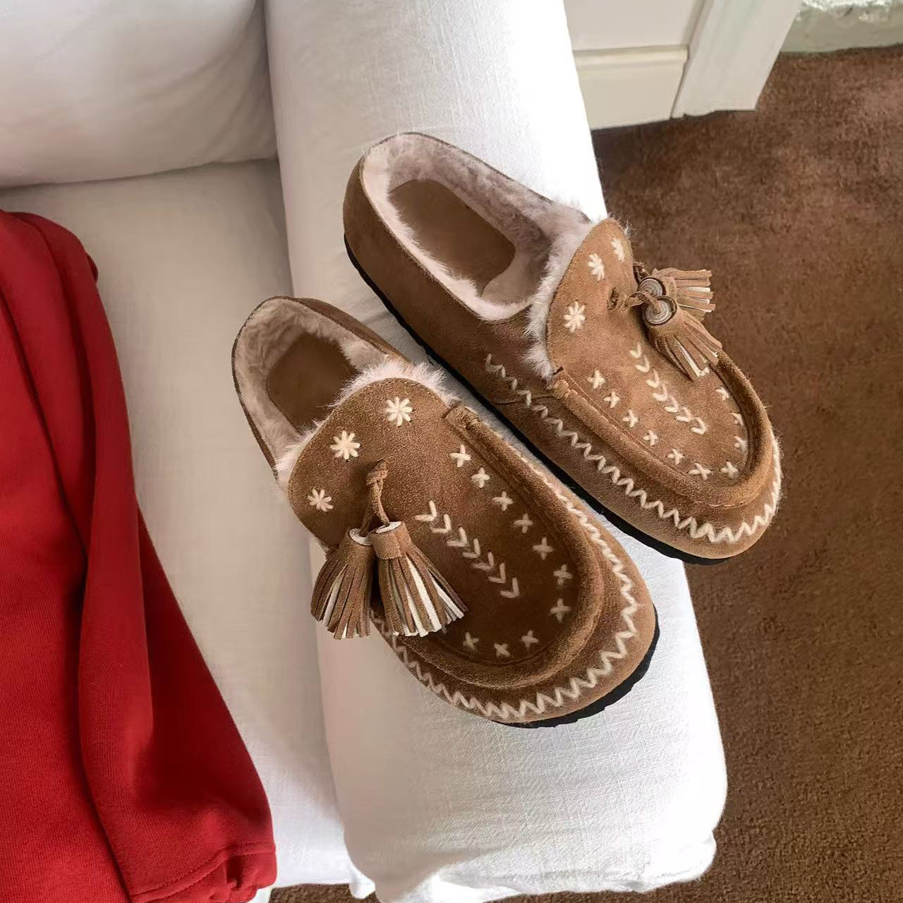 复古加绒流苏豆豆毛毛鞋女冬外穿2025新款保暖一脚蹬包头勃肯拖鞋,淘宝优惠券,粉丝福利购,淘宝优惠卷