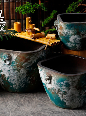 复古陶瓷仿古大缸浮世绘鱼缸落地摆件庭院园林粗陶手工流水水景盆