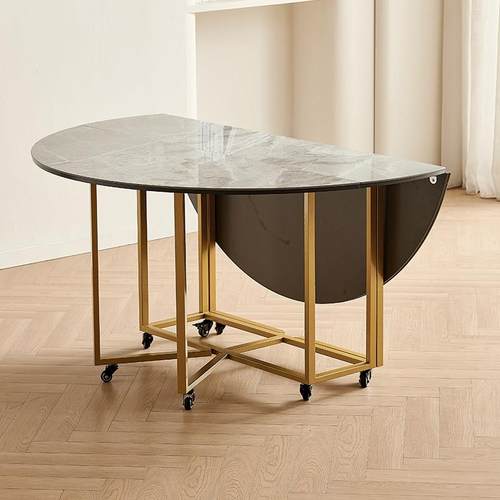 轻奢岩板折叠餐桌小户型家用圆形吃饭桌简约可收纳餐桌椅组合圆桌 - 图0