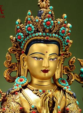 藏村彩珠镶嵌《四臂观音》室内家用全鎏金《观音菩萨》铜佛像摆件