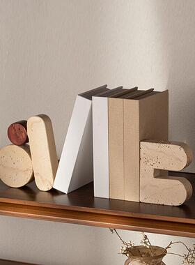 侘寂风仿洞石书档几何摆件样板间酒店玄关书房桌面装饰柜软装饰品