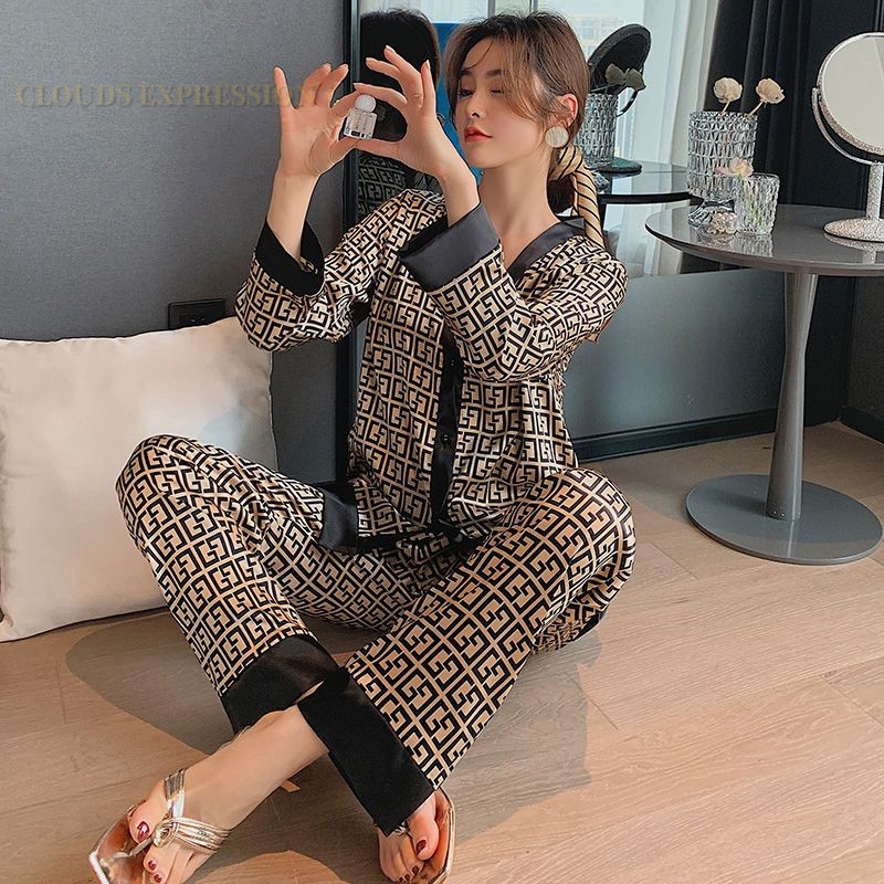 网红Spring Summer Ladies Faux Silk Polyester Pajama Sets Sex - 图3