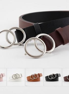 Double Ring Women Belt Fashion Waist Belt PU Leather Metal B