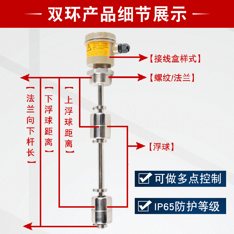 连杆浮球液位开关不锈钢PP防腐多点高低限位水位报警浮球液位计 - 图3