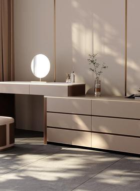 意式极简伸缩岩板梳妆台一体卧室马鞍皮化妆台现代简约实木化妆桌