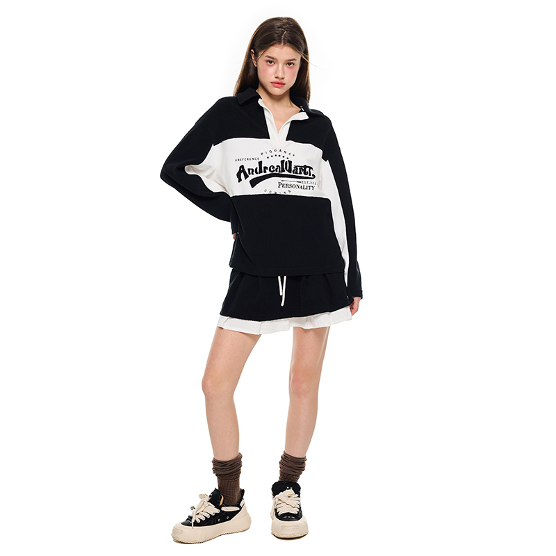 ANDREA MARTIN秋冬新款黑白撞色毛巾刺绣logo休闲运动polo衫外套 - 图0