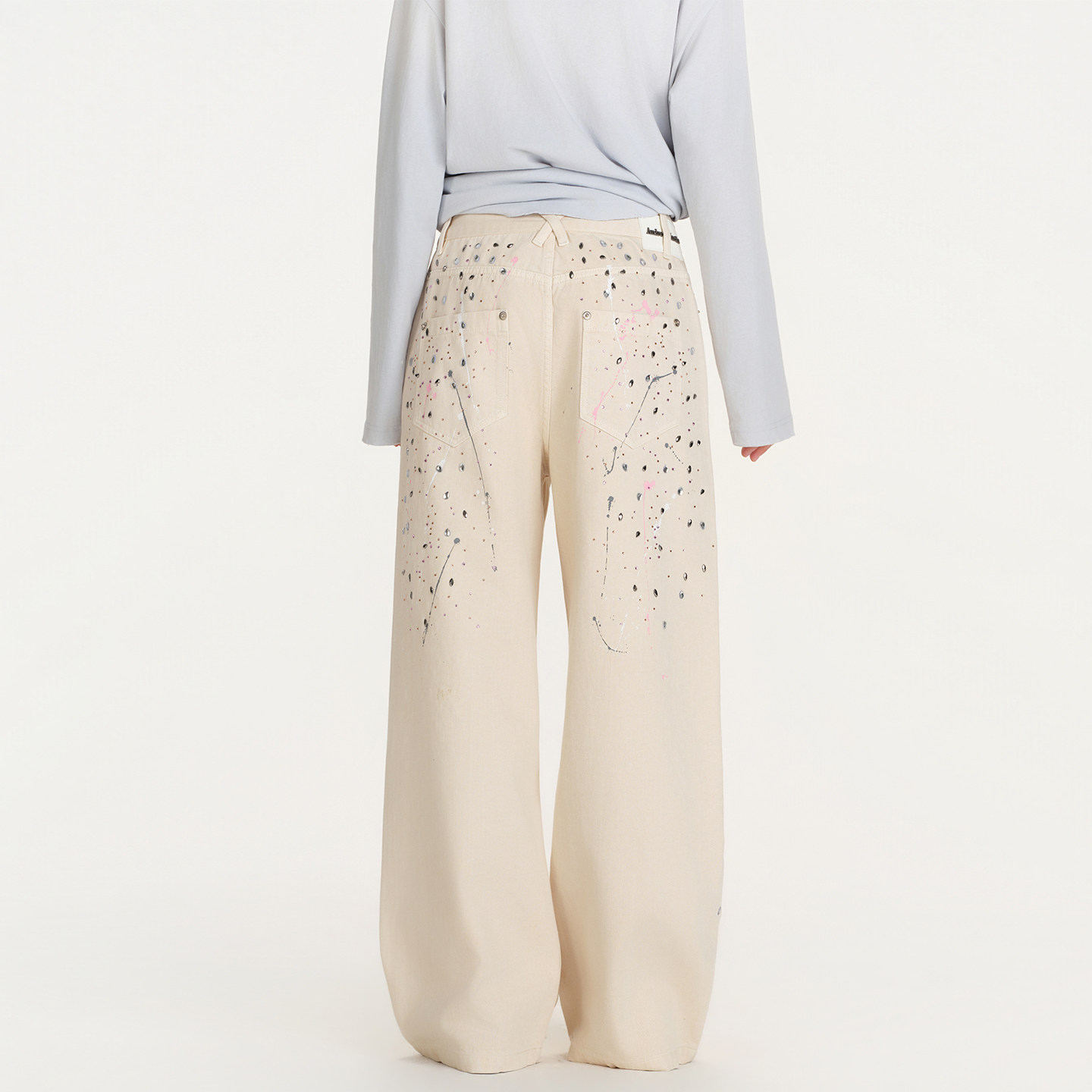 ANDREA MARTIN2026春季新款烫钻泼墨铆钉宽松女牛仔阔腿休闲长裤,淘宝优惠券,粉丝福利购,淘宝优惠卷