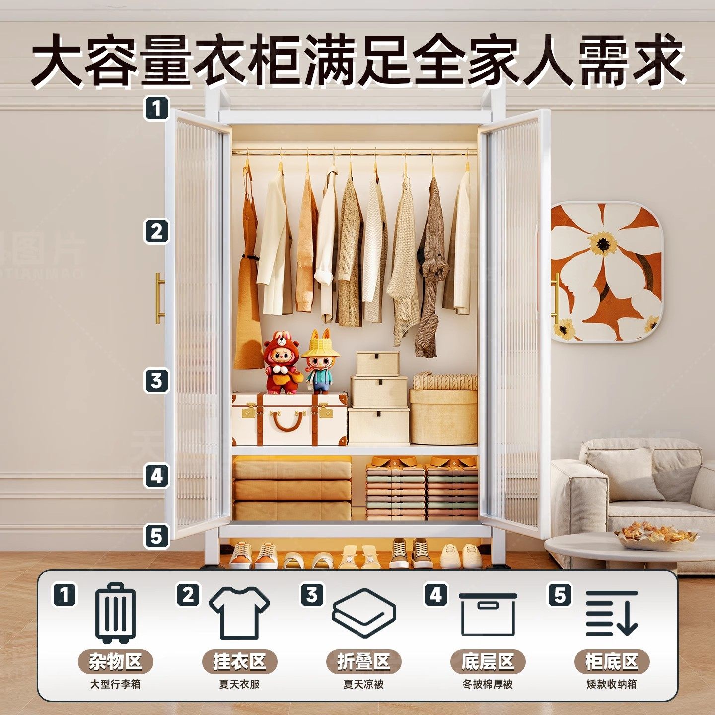 金属衣柜钢制简易衣橱家用卧室靠墙一体大容量收纳柜子防尘置物架,淘宝优惠券,粉丝福利购,淘宝优惠卷