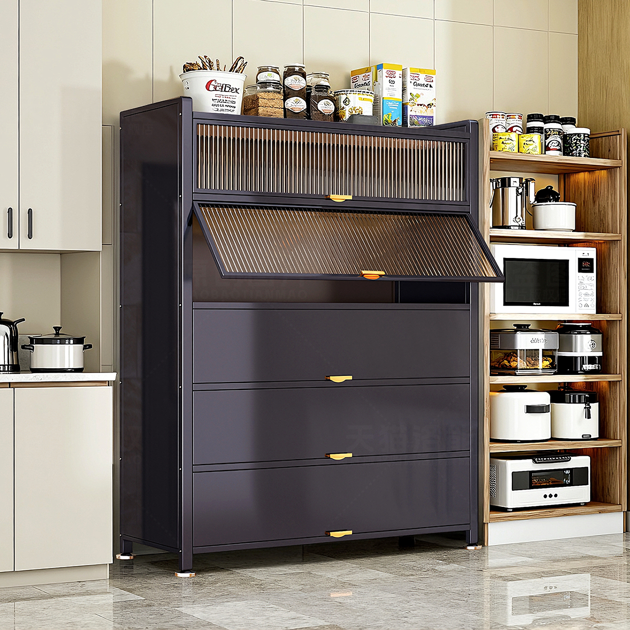 厨房置物架家用落地储物柜橱柜收纳柜多功能微波炉餐边柜碗柜子,淘宝优惠券,粉丝福利购,淘宝优惠卷