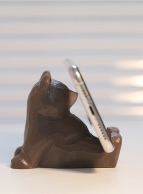 不土躺平的胖熊手机架小木雕桌面摆件创意情侣生日礼物送人