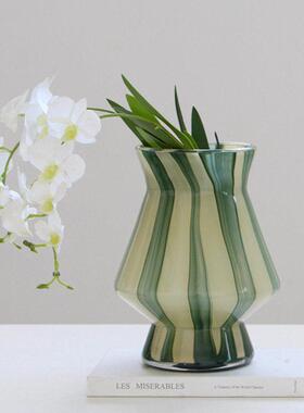 现简约抹茶绿条纹花仿真花摆件家居样板房客厅玄关台面装饰品