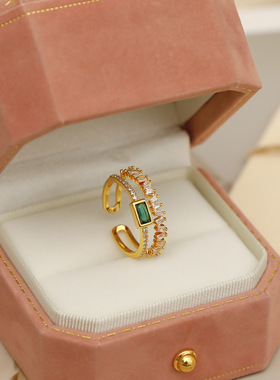 2024祖母绿锆石戒指女时尚个性开口双层小众设计简约ins潮食指环