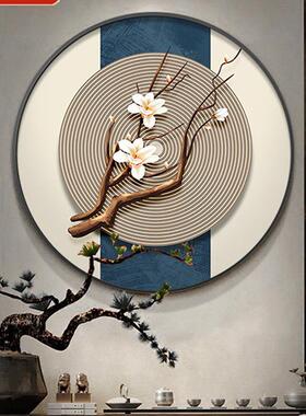 新中式餐厅背景墙挂画入户玄关装饰画书房茶室壁画进门梅花圆形画