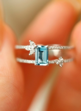 速发海蓝宝轻奢小众设计蓝色托帕石指环微镶冷淡风小指尾戒