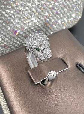 动物豹子戒指 气质狂野豹子头镀银铜戒指女士 时尚微镶戒指环手饰