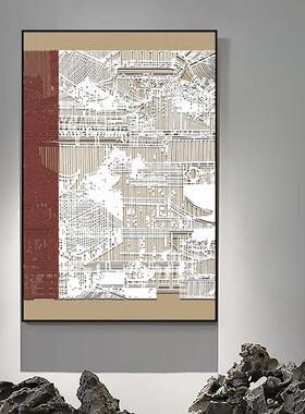 入户玄关装饰画古建筑画新中式走廊过道壁画红色高档酒店挂画