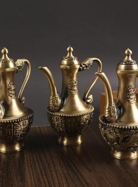 黄铜龙凤呈祥酒壶铜工艺品摆件纯铜百福餐厅酒壶宴会家居复古铜器