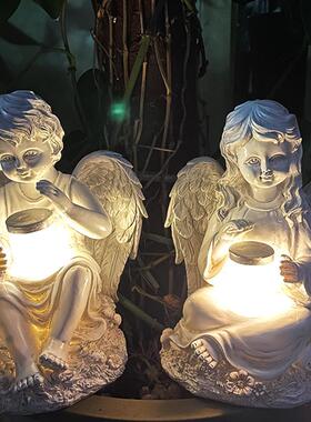 创意欧美少女天使太阳能灯花园草坪树脂小摆件家居庭院装饰品