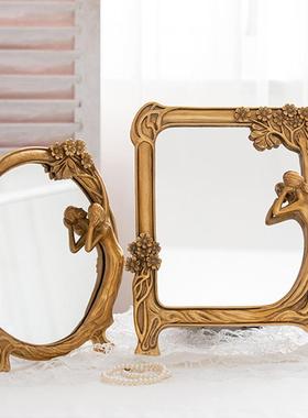 欧式树脂复古侍女化妆镜梳妆台镜子装饰创意镜子树脂工艺品摆件