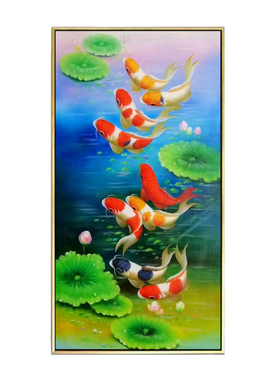 好货新中式手绘玄关油画走廊过道挂画牡丹花九鱼图竖版装饰画别墅