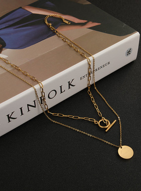 钛钢双层项链女圆牌锁骨链ins风设计感潮气质网红简约项饰品