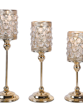 欧式餐桌轻奢烛台摆件北欧浪漫美式水晶蜡烛台金色法式装饰品摆件