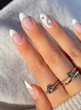 好货24pcs/box Press On Nails Almond Tai Chi White and Black