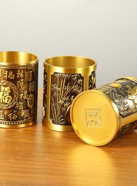 黄铜笔筒办公室桌面笔筒收纳装饰摆件百福笔筒梅兰竹菊大展宏图