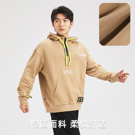 复古纯棉卫衣男连帽宽松运动休闲上衣服潮牌美式外套春秋款套头衫