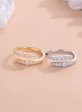 澄一珠宝S925纯银镀金女士双排开口莫桑钻轻奢结婚钻戒百搭戒指