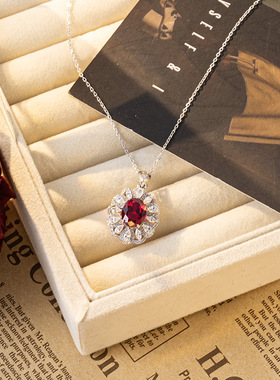 澄一珠宝・S925银镶嵌2克拉鸽血红培育红宝石套装椭圆戒指送妈妈