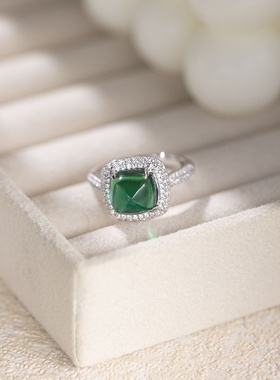 澄一珠宝・S925通体银镶9*9m实验室培育祖母绿糖塔满钻戒指