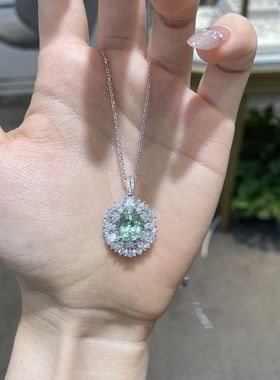 澄一珠宝S925银镀18K金椭圆形3克拉培育绿蓝宝吊坠女质感气质项链