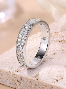 澄一珠宝S925银镀18k金结婚对戒满钻莫桑钻男女排戒赠刻字服务