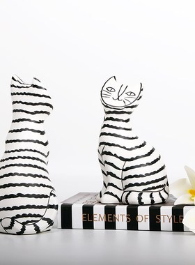 现代简约欧式轻奢黑白条纹陶瓷猫摆件样板房售楼处客厅博古架摆设