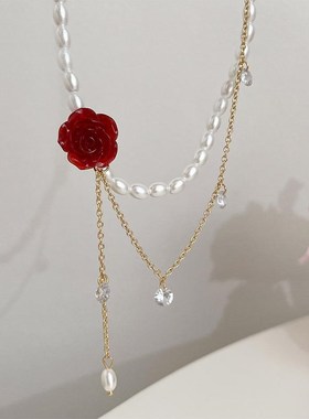 玫瑰花珍珠项g链女高级感轻奢小众红色锁骨链法式复古吊坠颈链配