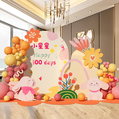 兔宝宝满月宴百日100天气球布置场景装饰酒店KT板背景墙定制套餐 - 图2