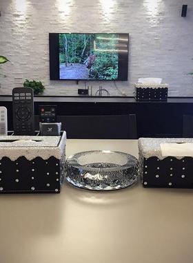 轻奢皮质镶钻贴钻纸巾盒欧式创意多功能办公家用纸抽盒收纳套装