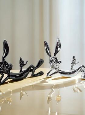 样板房售楼部客厅电视柜电镀植绒兔子树脂雕塑工艺品软装摆件