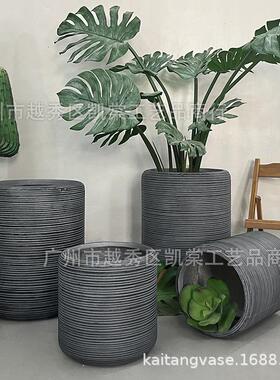简约圆型玻璃钢落地插花花器样板房餐厅酒店绿植工程软装工艺摆件