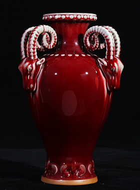 景德镇陶瓷器郎红窑变开片钧瓷三阳开泰客厅摆件三羊樽家居装饰品