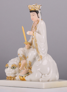 速发汉白玉像金圣殊普贤菩萨佛镶持剑如意摆件华严三文神像