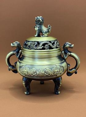 黄铜香炉象足龙凤狻猊带盖铜香炉摆件工艺品三足鼎供奉炉中式铜制